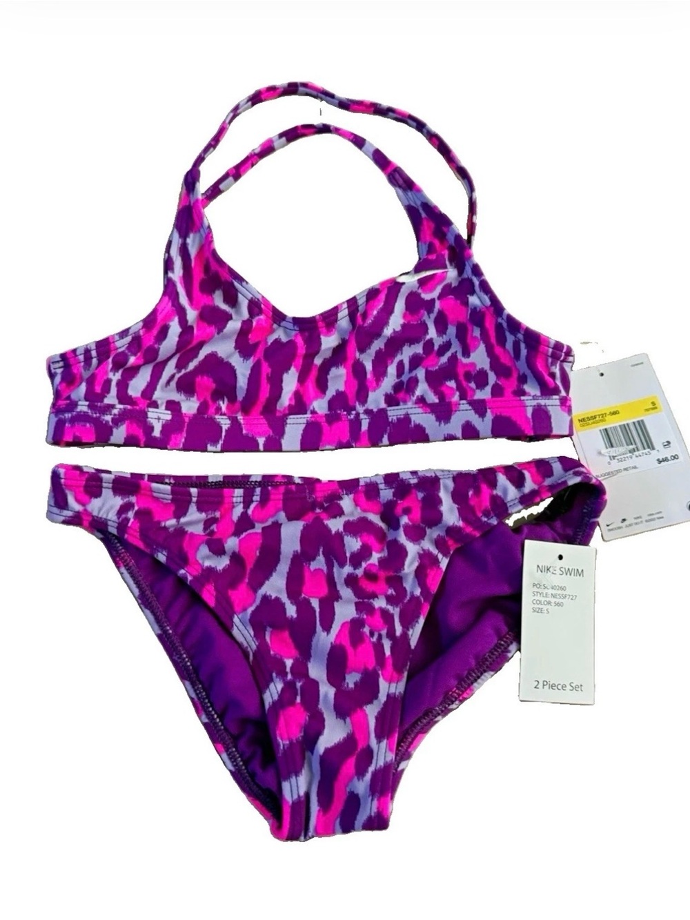 Nike Girls S Pink Purple Animal Print 2 Piece Swimsuit NWT
